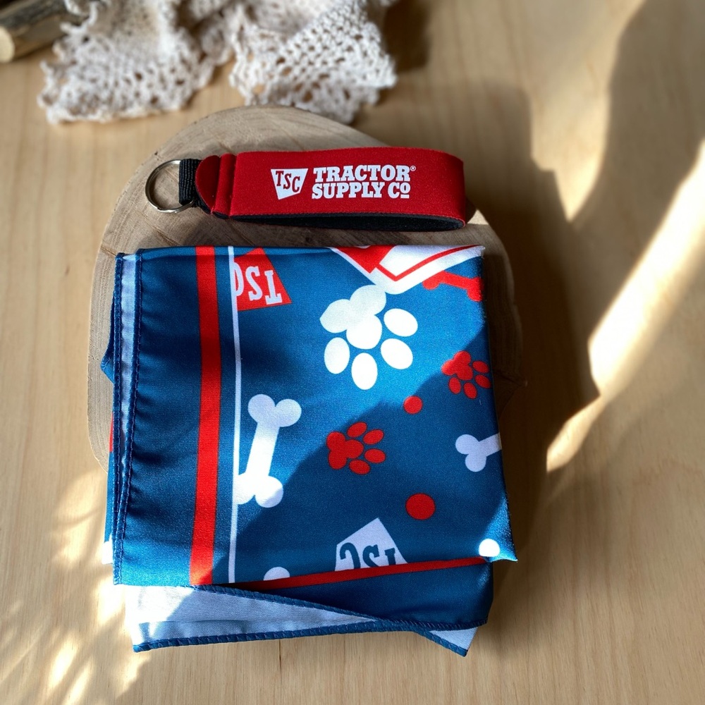Tractor Supply Co. Blue and Red Dog Bandana and key ring set